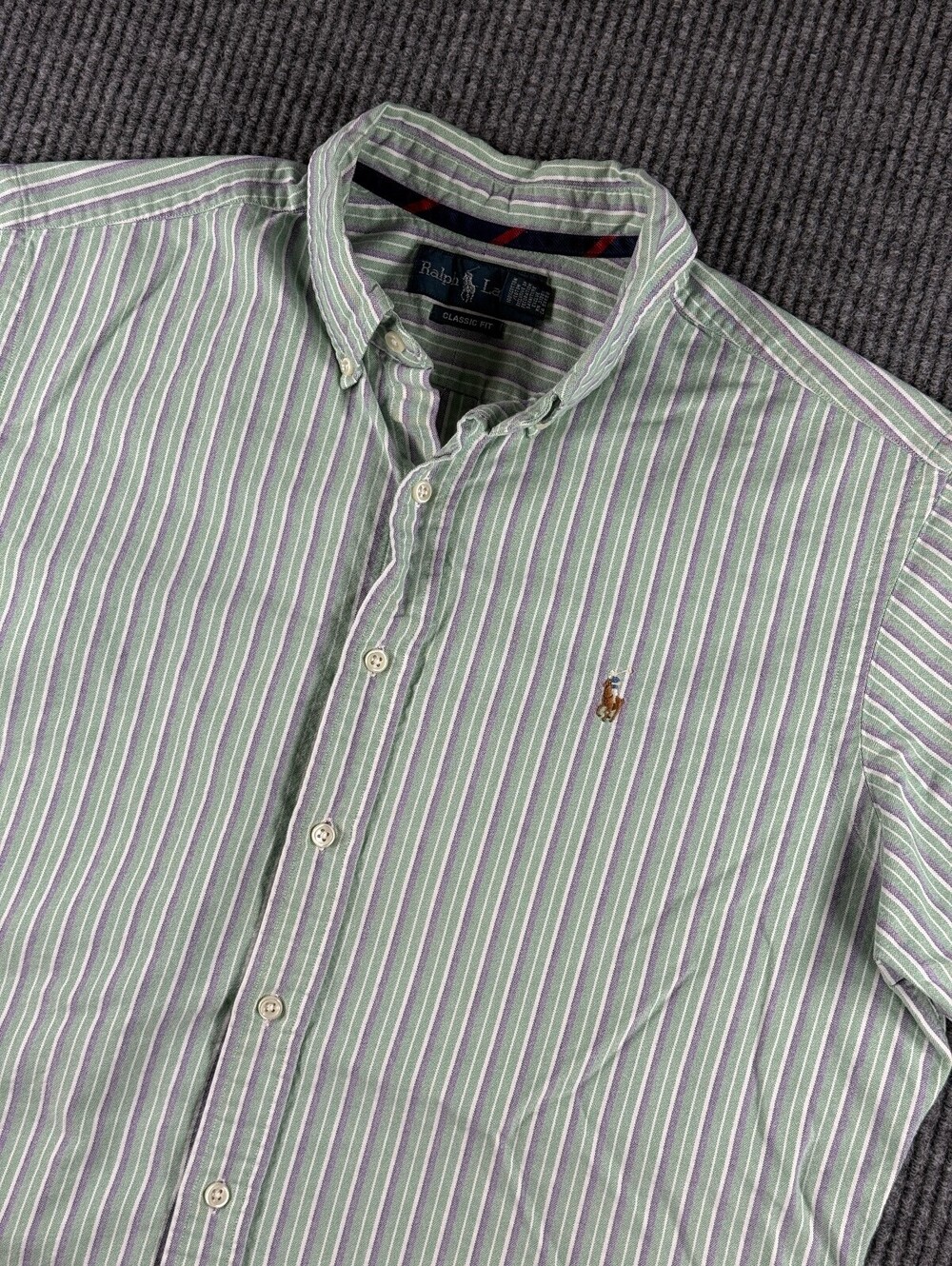VTG Ralph Lauren Button Up Mens L Classic Fit Short Sleeve Green Purple Striped